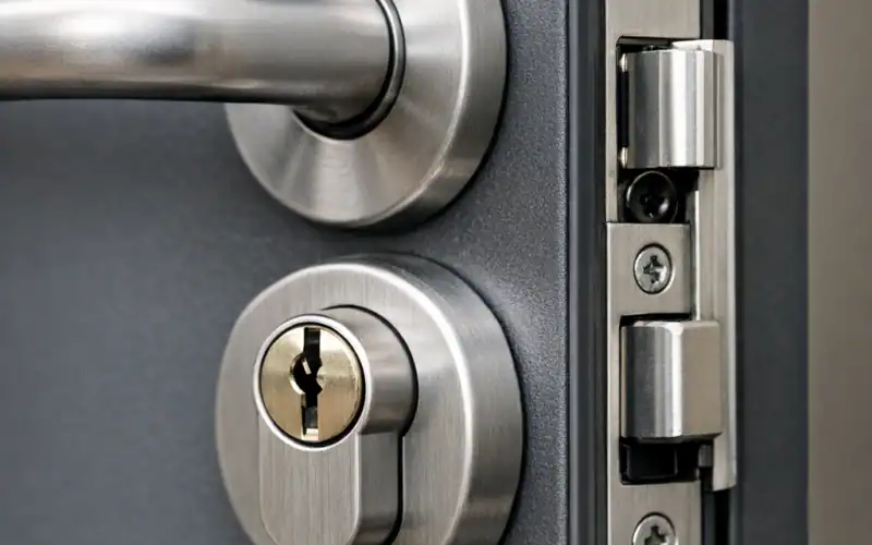 Porte d'immeuble équipée d'un interphone et d'une gâche électrique