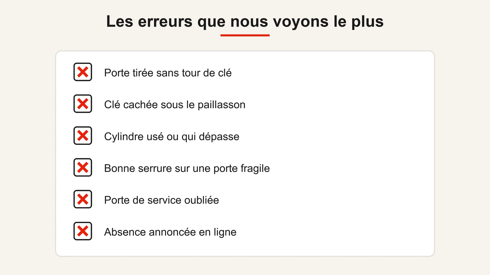 Les erreurs de sécurité du logement les plus courantes : porte non verrouillée, clé cachée, cylindre usé, porte fragile