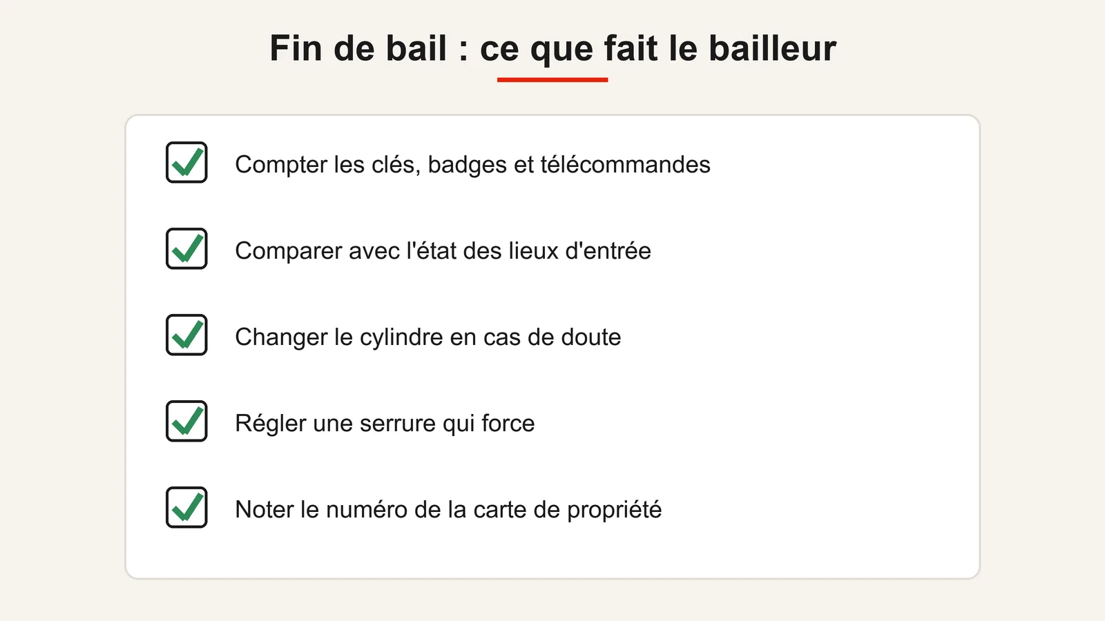 Fin de bail : compter les clés et badges, comparer avec l'état des lieux, changer le cylindre en cas de doute
