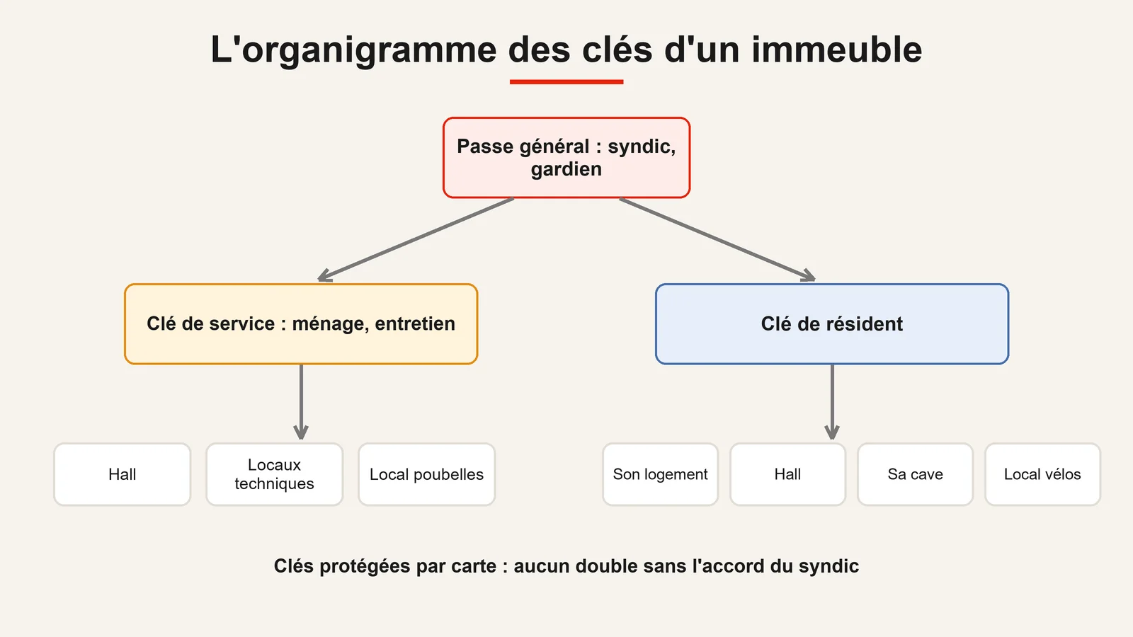 Organigramme des clés d'un immeuble : passe général, clé de service et clé de résident avec les portes qu'elles ouvrent